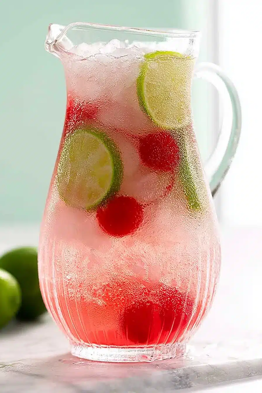 Cherry limeade in a glass pitcher with lime slices, cherries, ice, and sparkling soda