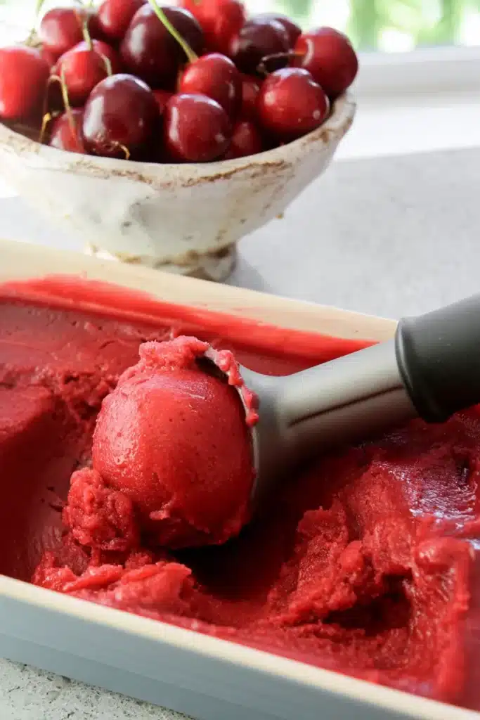 Cherry sherbet scooped from a dish with fresh cherries