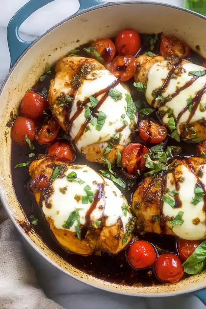 Chicken Caprese with Balsamic Reduction topped with melted mozzarella and cherry tomatoes