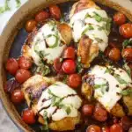Chicken Caprese with balsamic reduction, melted mozzarella, cherry tomatoes, and fresh basil in a skillet