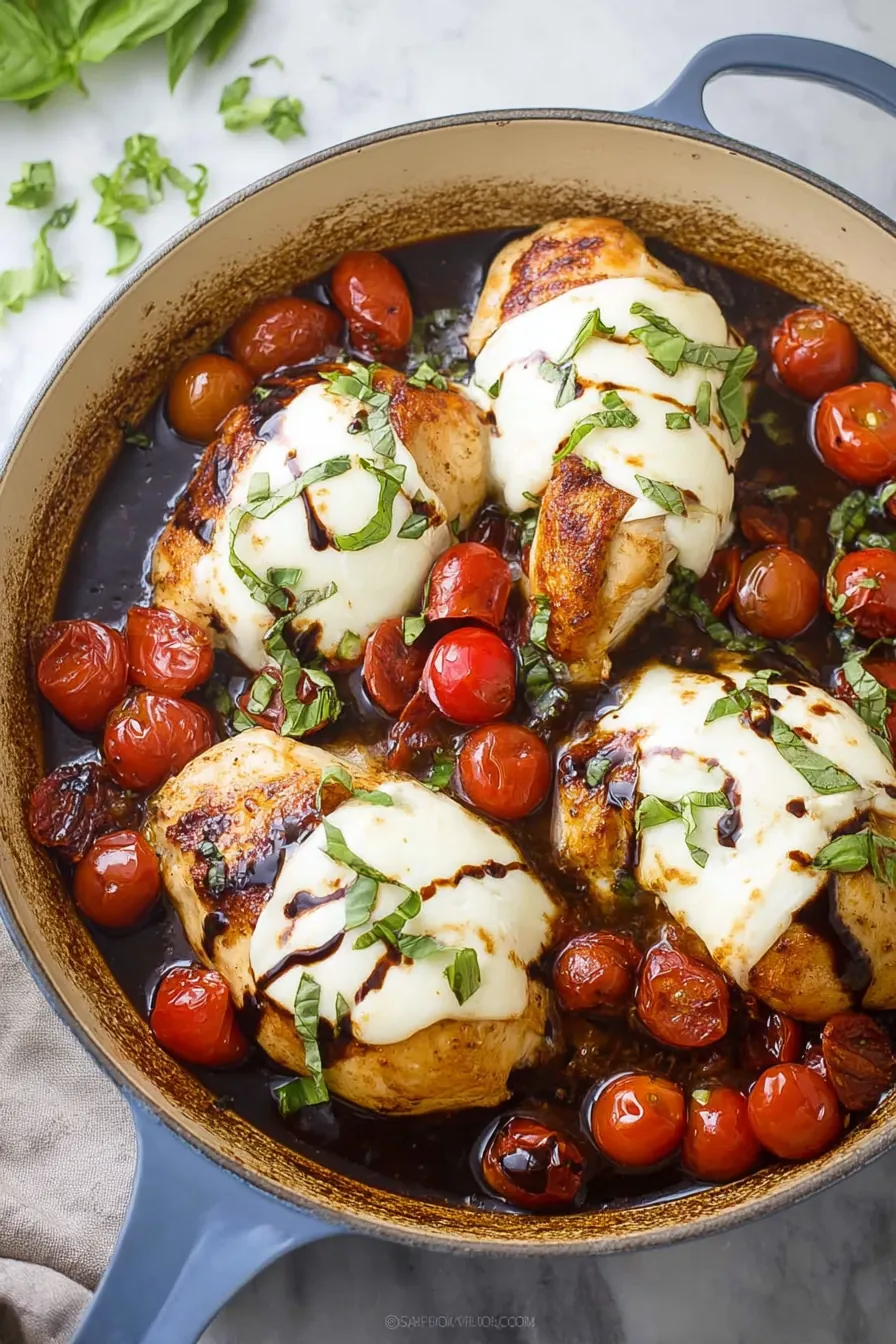 Chicken Caprese with balsamic reduction, melted mozzarella, cherry tomatoes, and fresh basil in a skillet