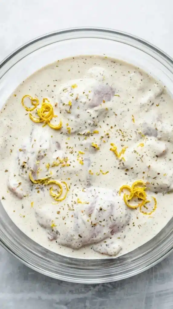 Chicken coated in 5-Minute Bright & Punchy Greek Marinade with lemon zest and oregano