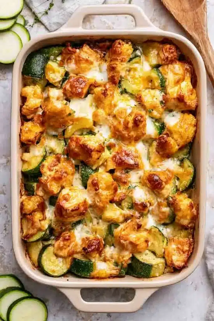 Chicken Zucchini Bake with melted cheese, roasted zucchini, and golden chicken pieces