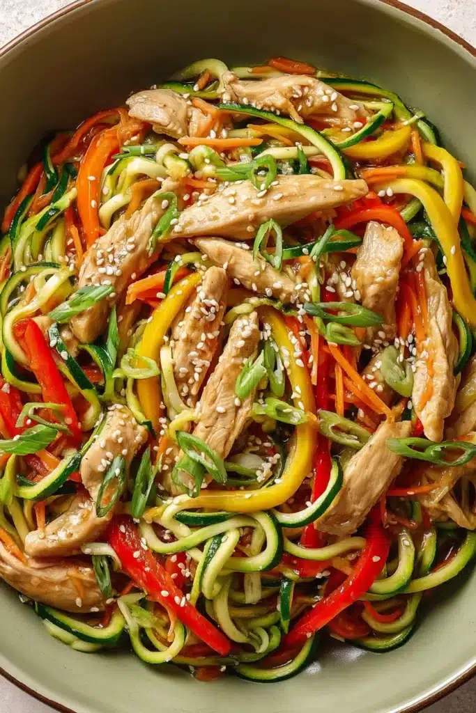 Chicken Zucchini Noodle Easy Amazing Healthy Dinner 4 Chicken Zucchini Noodle stir fry with chicken, peppers and sesame seeds