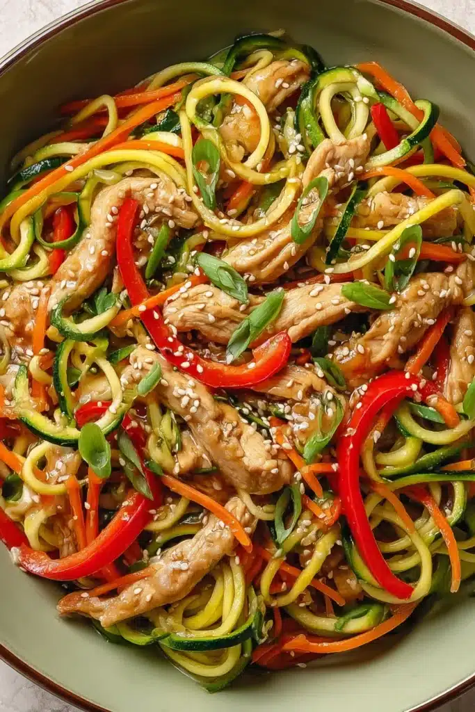 Chicken Zucchini Noodle stir fry with tender chicken and fresh vegetables