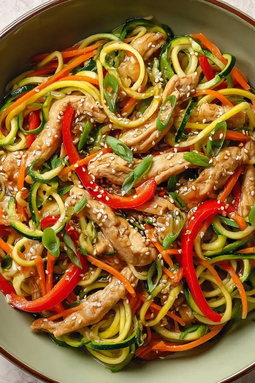 Chicken Zucchini Noodle stir fry with tender chicken and fresh vegetables