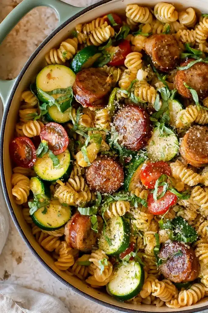 Chicken Zucchini Pasta Skillet with sausage, zucchini, tomatoes, basil, and Parmesan