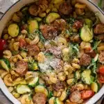 Chicken zucchini pasta skillet with sausage, tomatoes, basil, and Parmesan in a one-pan dinner