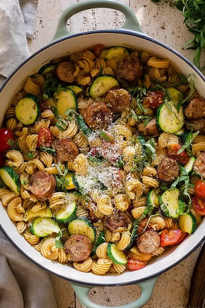 Chicken zucchini pasta skillet with sausage, tomatoes, basil, and Parmesan in a one-pan dinner