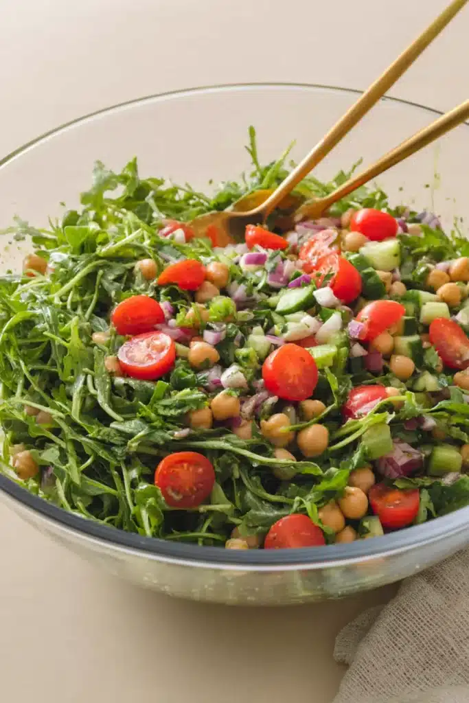 Chickpea Avocado Salad ingredients prepared in a glass mixing bowl