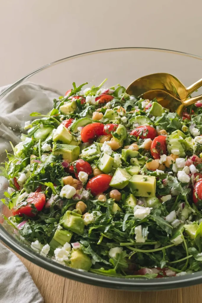 Chickpea Avocado Salad with avocado and feta ready to fold together