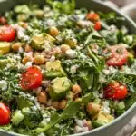 Chickpea avocado salad with feta, cucumber, tomatoes, and arugula in a serving bowl