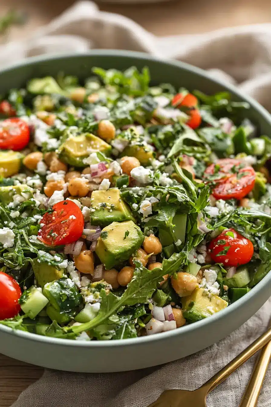 Chickpea avocado salad with feta, cucumber, tomatoes, and arugula in a serving bowl