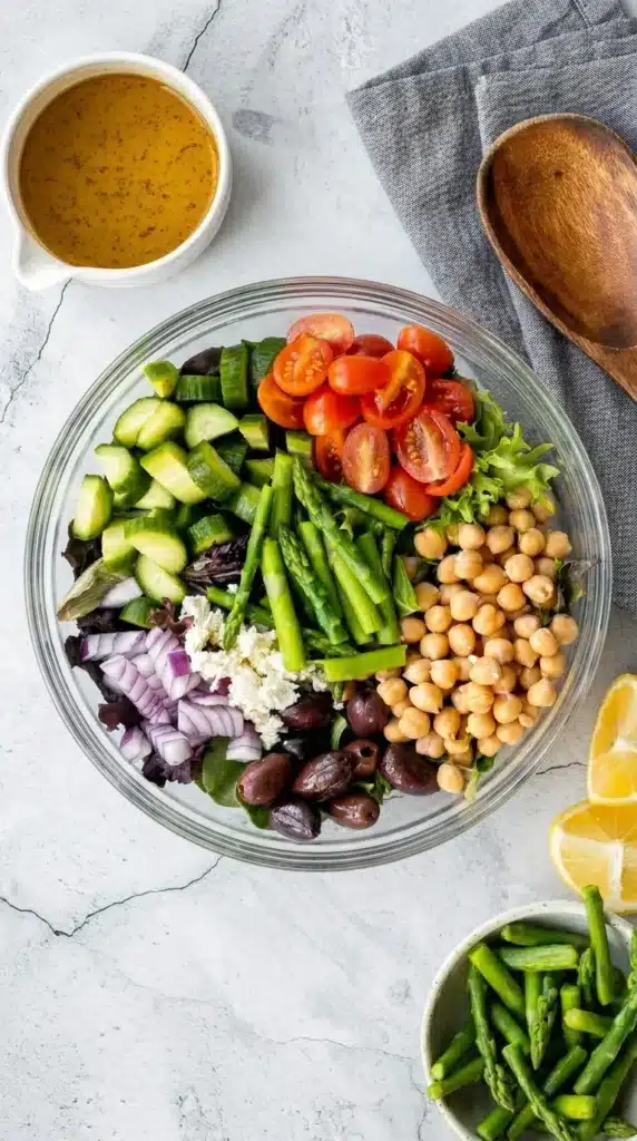 Chopped Asparagus Salad Easy Amazing Spring Lunch Recipe 6 Chopped Asparagus Salad ingredients with chickpeas, feta, tomatoes, and cucumbers