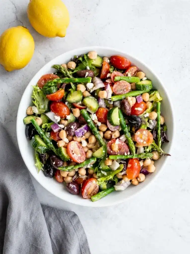 Chopped asparagus salad with chickpeas, feta, tomatoes, cucumbers, and olives