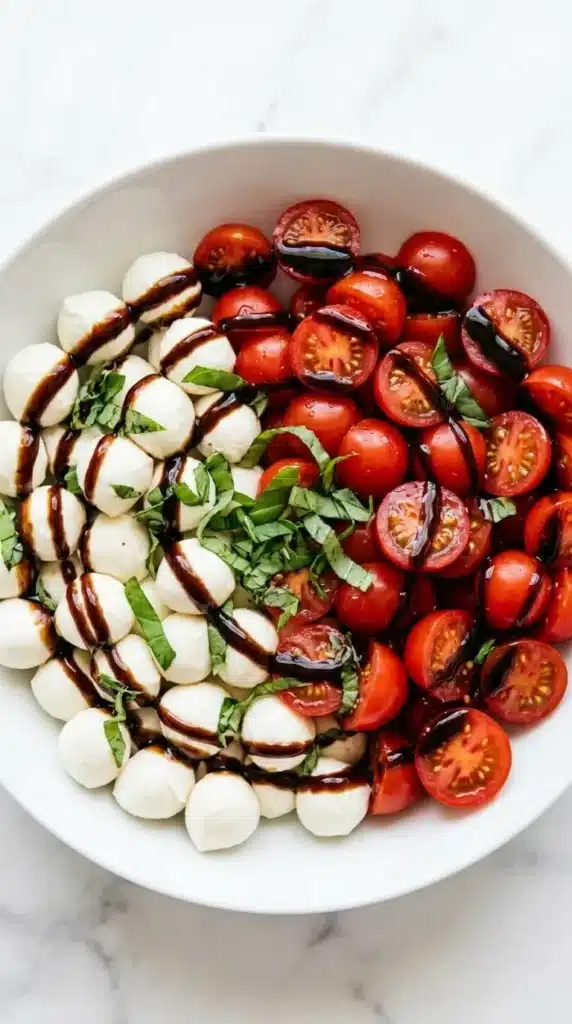 Close up of Caprese Salad with cherry tomatoes, mozzarella, basil, and balsamic glaze