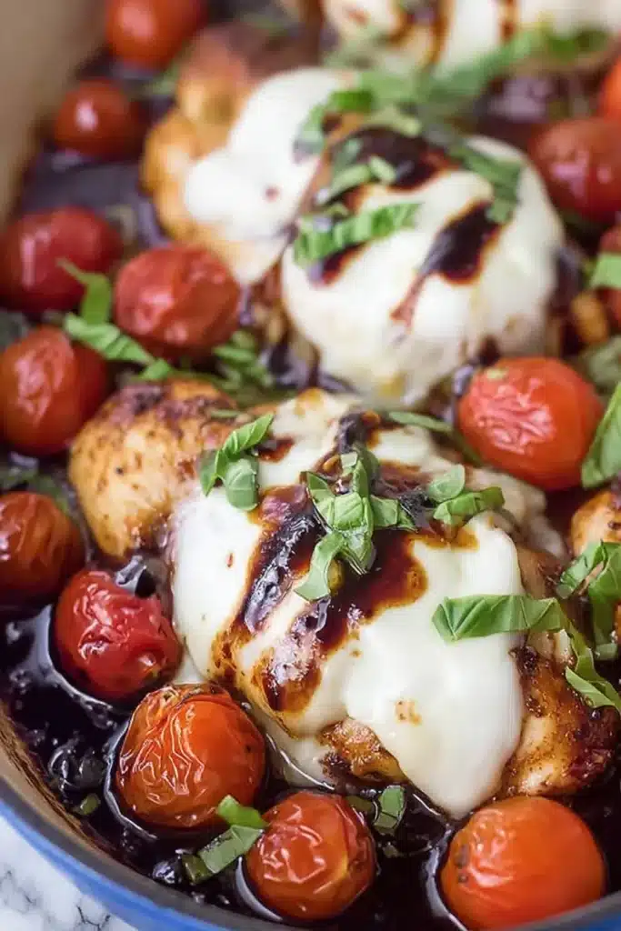 Close-up Chicken Caprese with Balsamic Reduction topped with mozzarella, basil, and cherry tomatoes