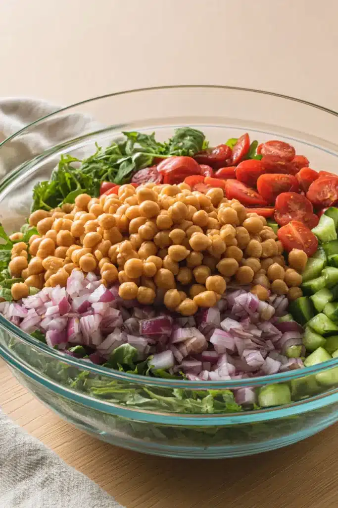 Close up of Chickpea Avocado Salad with feta, avocado, cucumber, and tomatoes
