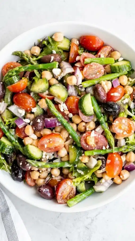 Chopped Asparagus Salad Easy Amazing Spring Lunch Recipe 8 Close-up Chopped Asparagus Salad with chickpeas, tomatoes, cucumbers, and feta