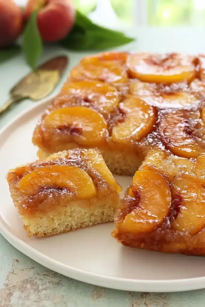 Peach Upside-Down Cake Recipe | Amazing Easy Homemade Treat 6 Close-up Peach Upside-Down Cake with caramelized peaches