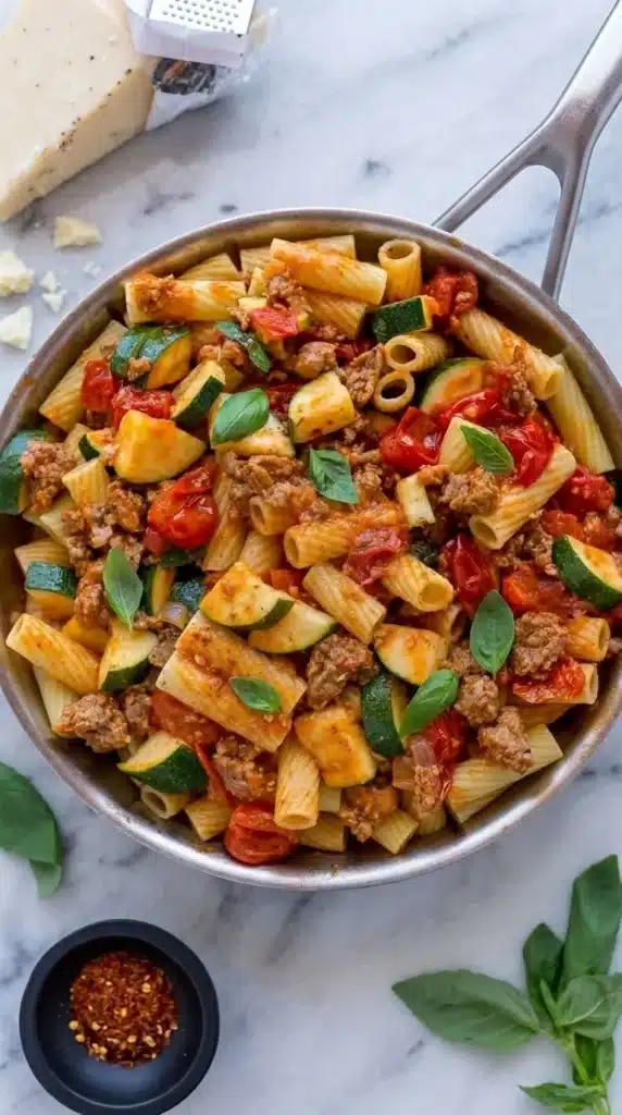 Rigatoni with Tomatoes and Zucchini Easy & Amazing Dinner 5 Close up of Rigatoni with Tomatoes and Zucchini with sausage