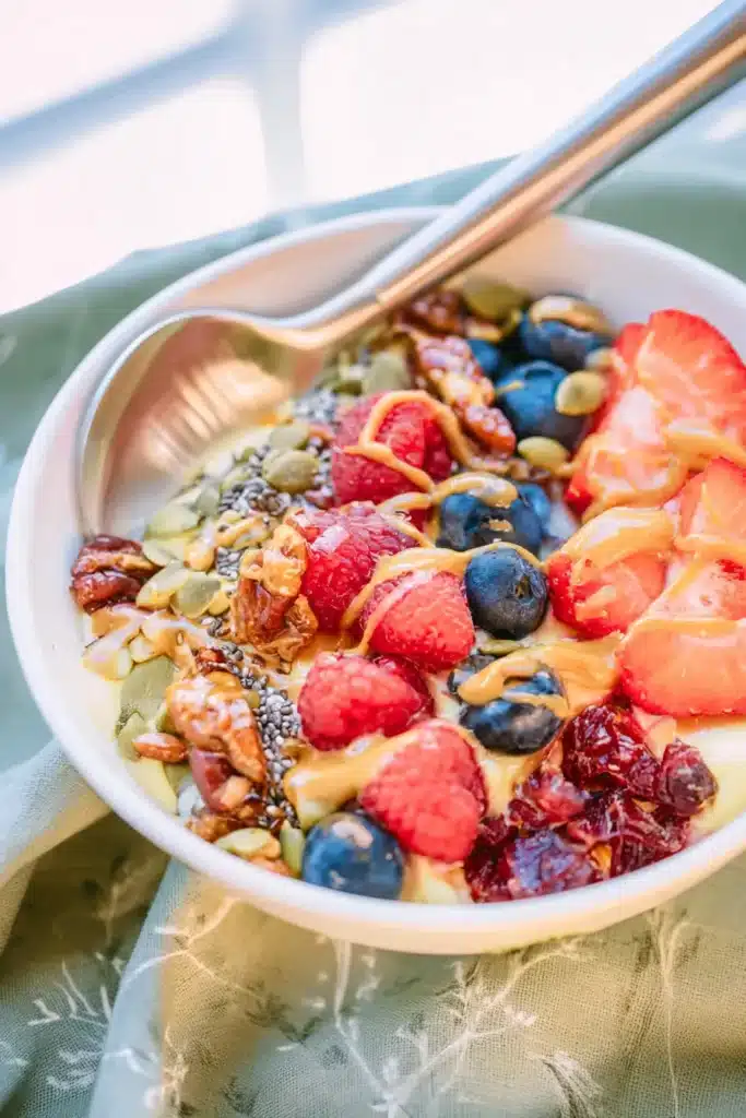 Vegan Greek Yogurt Superfood Bowl Amazing Easy Recipe 8 Vegan Greek Yogurt Superfood Bowl with berries, pecans, chia seeds, and almond butter