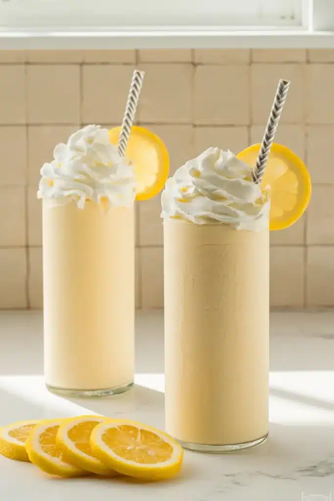 Copycat Chick-fil-A Frosted Lemonade in tall glasses with whipped cream and fresh lemon garnish