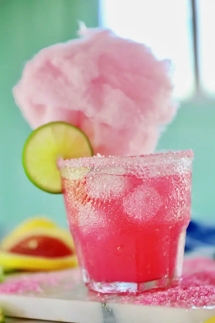 Cotton Candy Margarita with pink cotton candy garnish and fresh lime slices