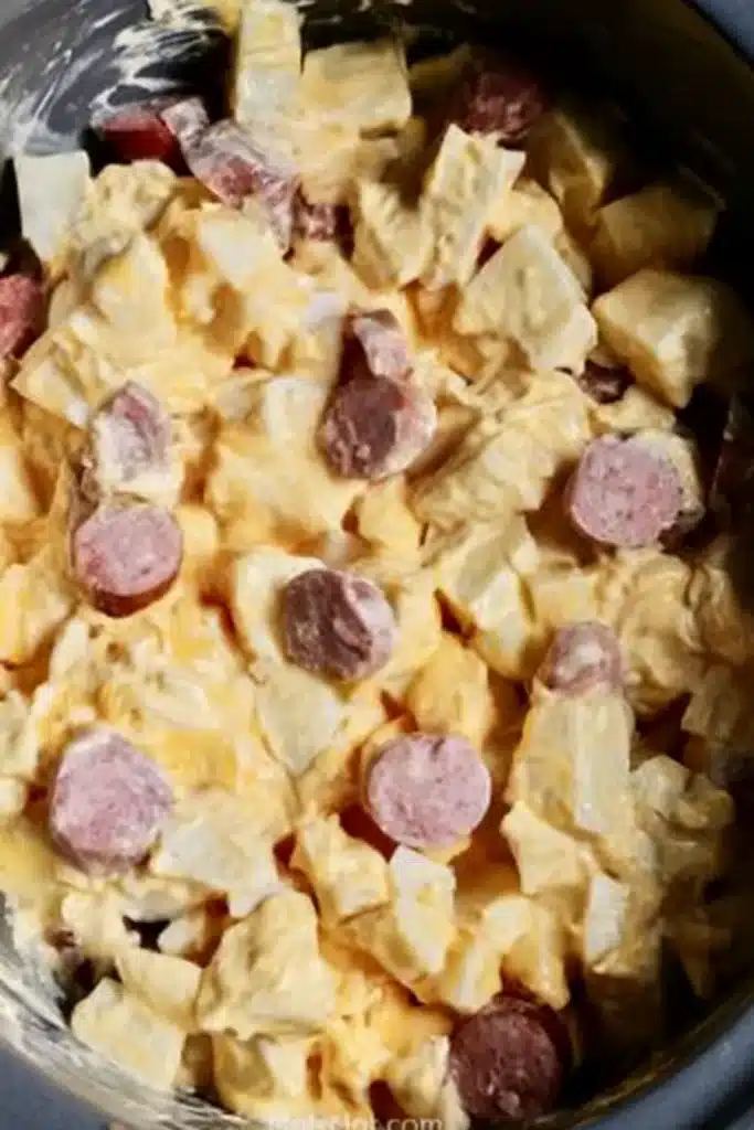 Crockpot Cheesy Potatoes Ultimate Easy Comfort Dinner 6 Crockpot Cheesy Potatoes mixed with kielbasa and creamy sauce