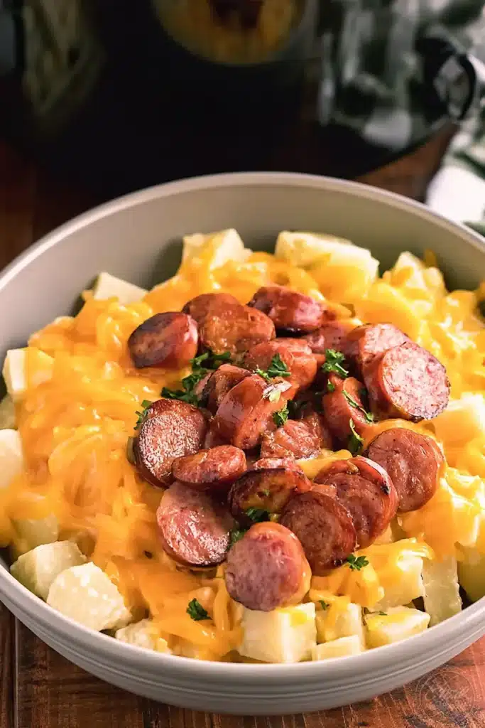 Crockpot Cheesy Potatoes with kielbasa in creamy cheddar sauce