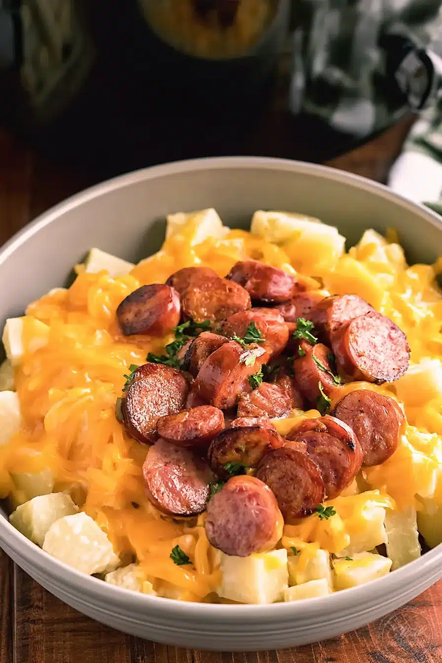 Crockpot Cheesy Potatoes with kielbasa in creamy cheddar sauce