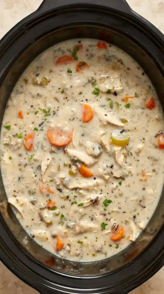 Crockpot Chicken Wild Rice Soup Recipe | Amazing Cozy Comfort 6 Crockpot Chicken Wild Rice Soup served from a slow cooker