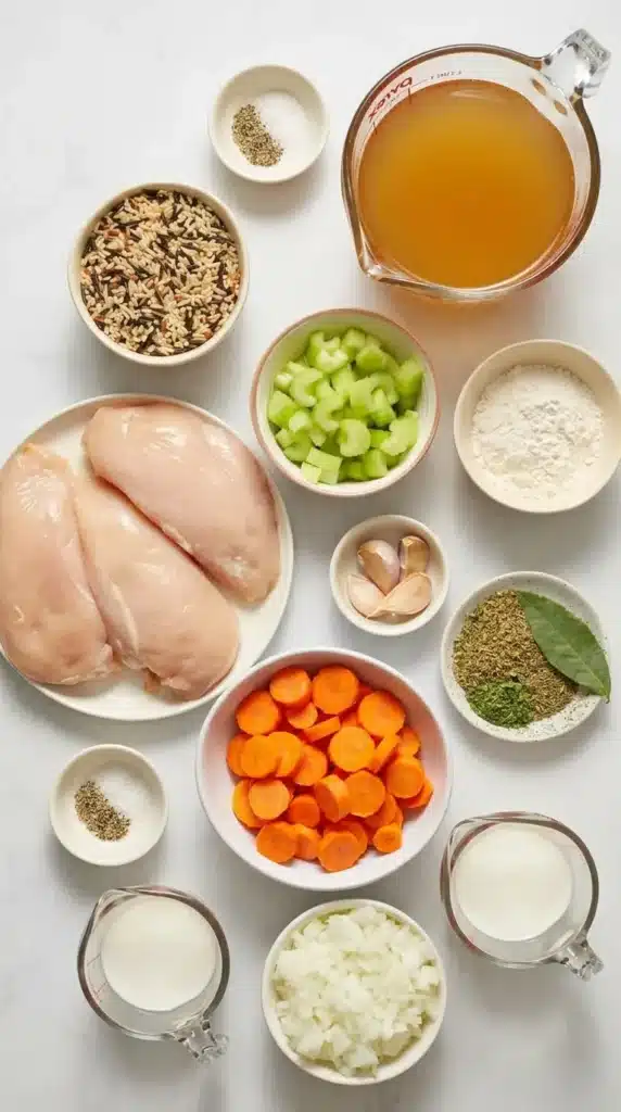 Crockpot Chicken Wild Rice Soup Recipe | Amazing Cozy Comfort 5 Crockpot Chicken Wild Rice Soup ingredients ready for slow cooker prep
