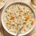 Crockpot Chicken Wild Rice Soup Recipe | Amazing Cozy Comfort 7 Creamy Crockpot Chicken Wild Rice Soup with carrots, celery, and shredded chicken