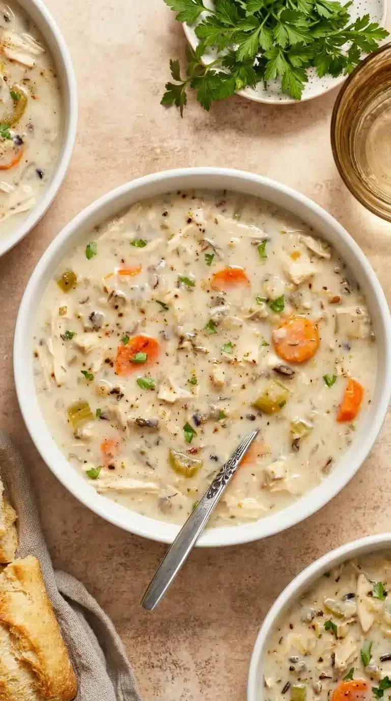 Creamy Crockpot Chicken Wild Rice Soup with carrots, celery, and shredded chicken