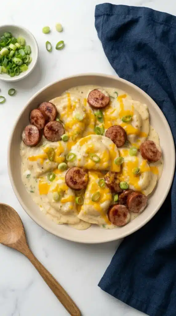 Crockpot Pierogi Casserole with kielbasa and green onions