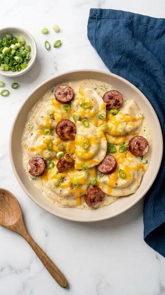Crockpot Pierogi Casserole served with kielbasa and cheddar sauce