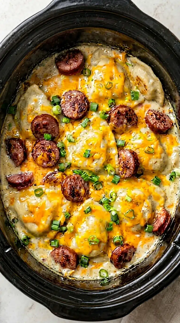 Crockpot Pierogi Casserole with kielbasa and cheddar cheese