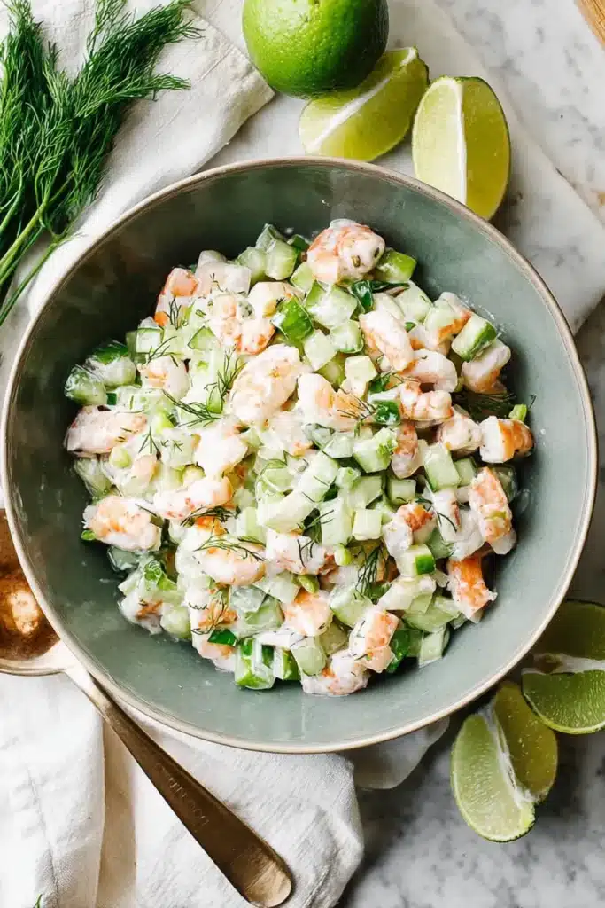 Cucumber shrimp salad with creamy lime dressing, fresh dill, cucumber, and green onions in a ceramic bowl