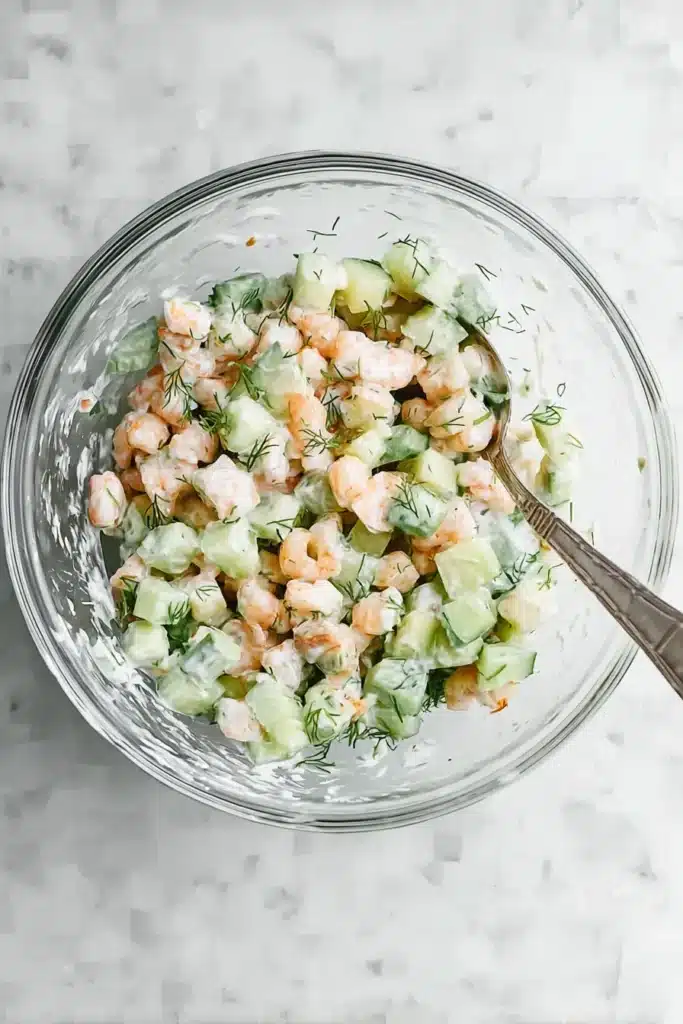 Cucumber Shrimp Salad mixed with cucumber, dill, and creamy lime dressing in a glass bowl