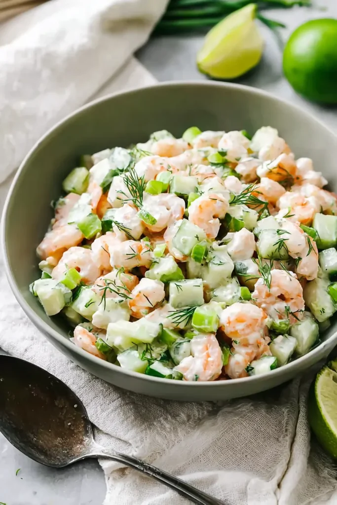 Cucumber Shrimp Salad served with creamy lime dressing, fresh dill, and diced cucumber