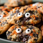 Easy Halloween Chocolate Chip Cookies with candy eyes and festive sprinkles