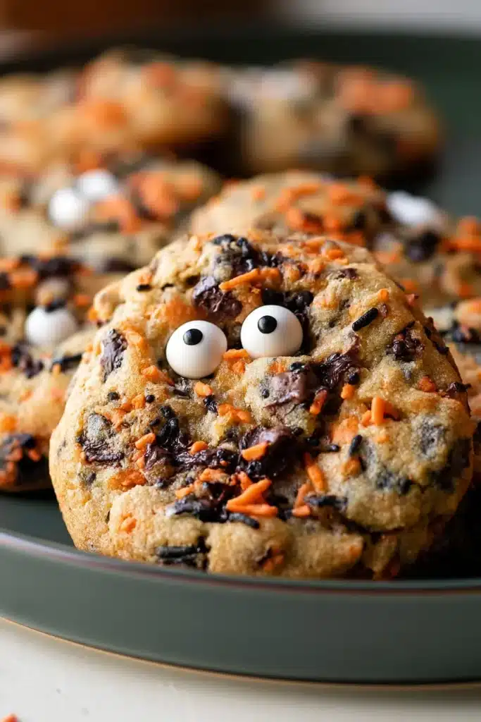Easy Halloween Chocolate Chip Cookies with candy eyes held by hand