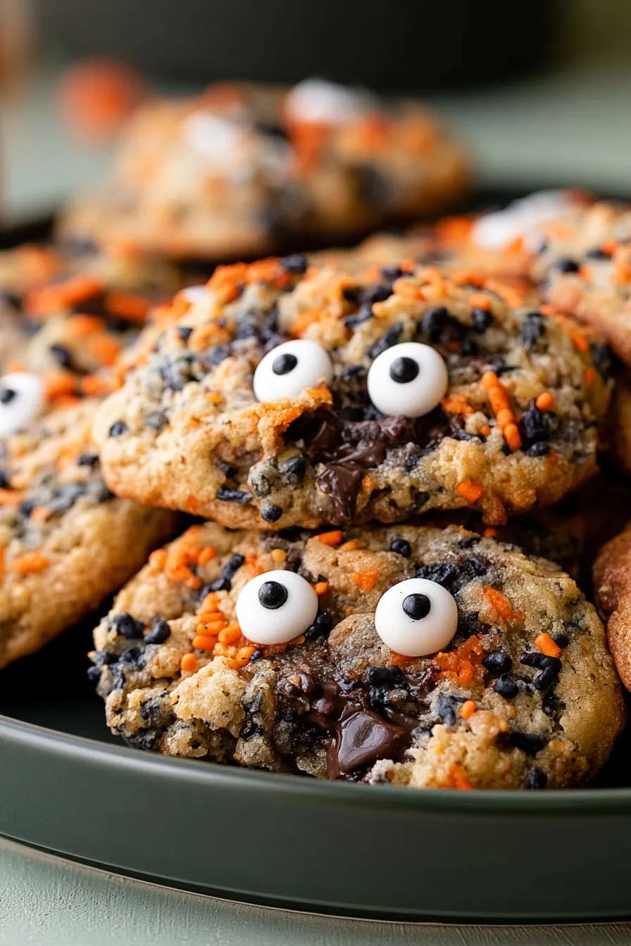 Easy Halloween Chocolate Chip Cookies with candy eyes and festive sprinkles