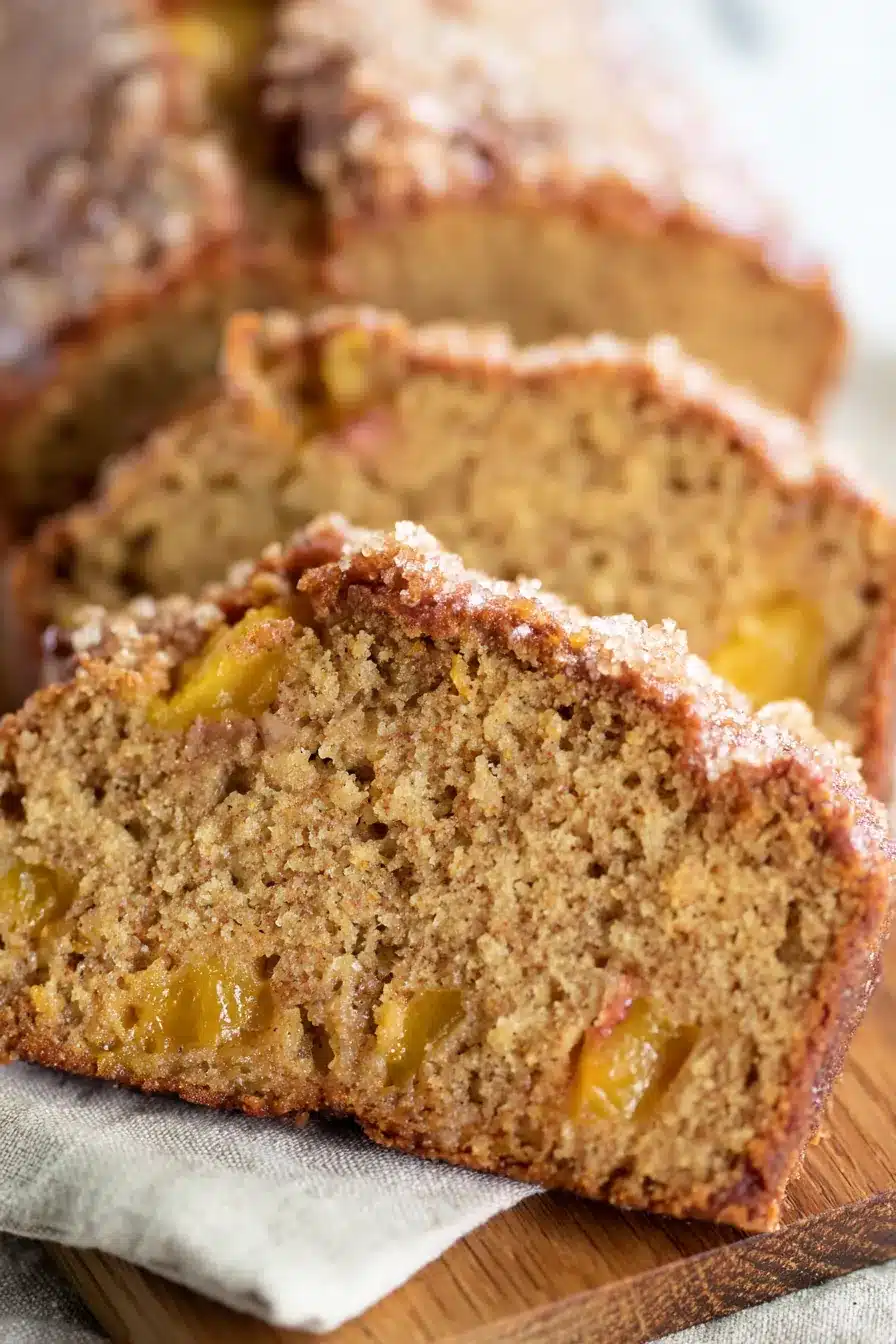 Easy Spiced Peach Bread slices with fresh peaches and warm spices