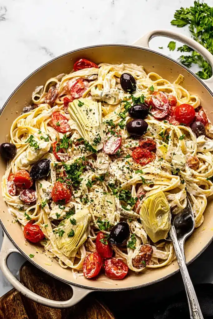 15 Minute Greek Pasta Recipe | Amazing Quick Dinner 6 Finished 15 Minute Greek Pasta with feta sauce, tomatoes, olives, and artichokes