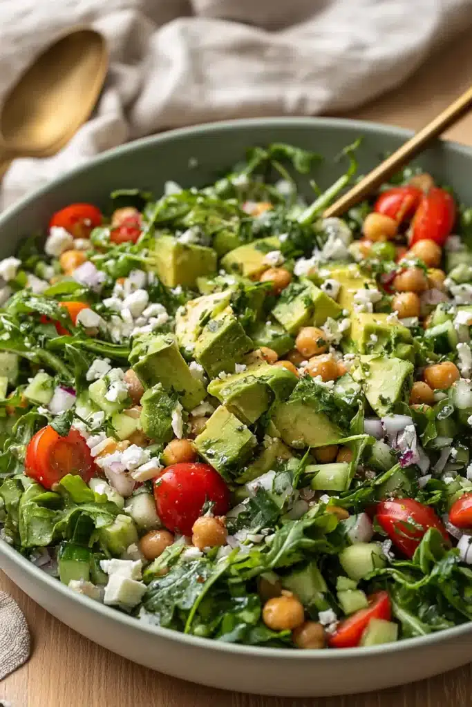 Finished Chickpea Avocado Salad with feta, avocado, and fresh vegetables