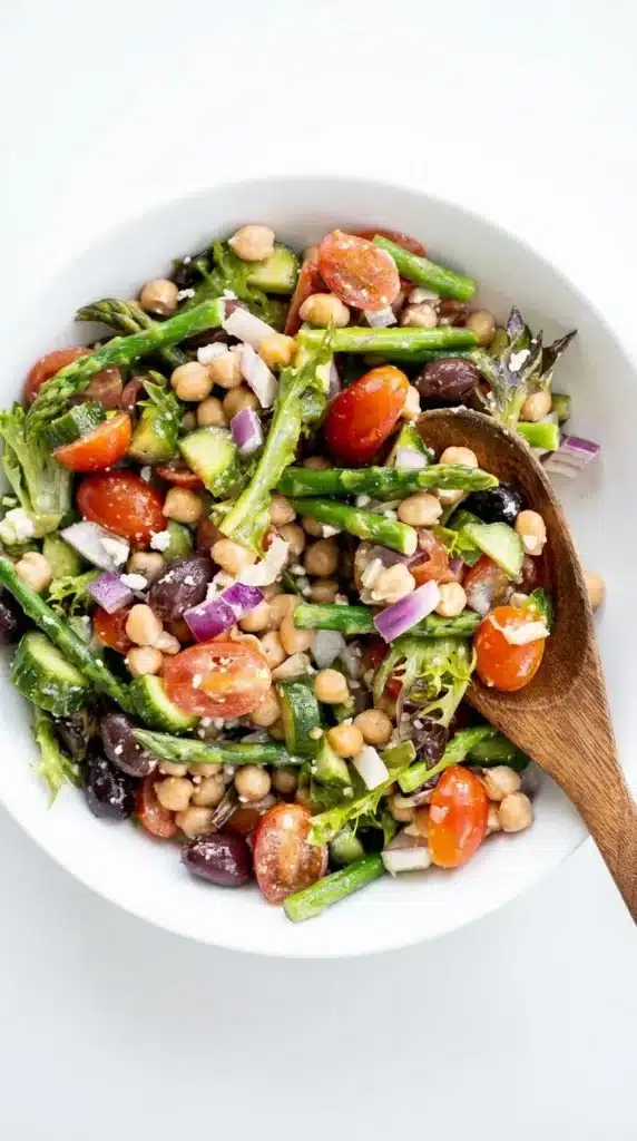Chopped Asparagus Salad Easy Amazing Spring Lunch Recipe 7 Chopped Asparagus Salad with chickpeas, feta, olives, and fresh vegetables