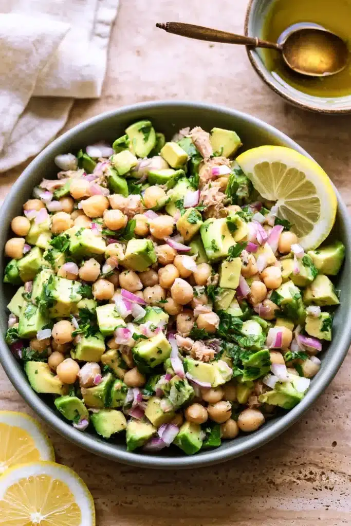 Avocado Chickpea Tuna Salad with avocado, chickpeas, tuna, parsley, and lemon vinaigrette