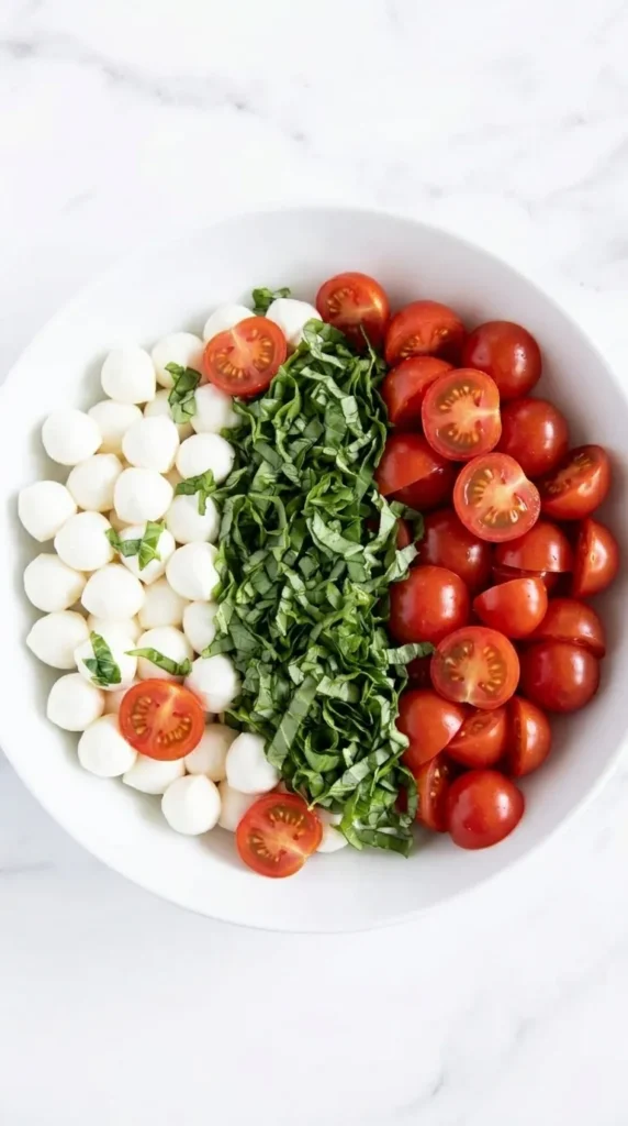 Caprese Salad ingredients with cherry tomatoes, fresh mozzarella, and basil